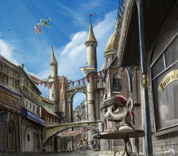 Size: 787x689 | Tagged: safe, artist:turbopower1000, character:pipsqueak, species:pony, canterlot, city, cityscape, colt, commission, crepuscular rays, crowd, male, outdoors, pipsqueak eating spaghetti, scenery, scenery porn, solo focus, street