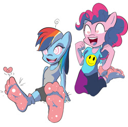 Size: 900x890 | Tagged: safe, artist:zuneycat, character:pinkie pie, character:rainbow dash, species:anthro, species:plantigrade anthro, clothing, feet, foot fetish, foot focus, heart eyes, hypnosis, missing shoes, socks, wingding eyes
