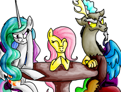 Size: 700x530 | Tagged: safe, artist:silvy-fret, character:discord, character:fluttershy, character:princess celestia, annoyed, implied dislestia, sitting, table, therapy