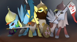 Size: 1800x1000 | Tagged: dead source, safe, artist:poisonicpen, character:derpy hooves, character:fluttershy, character:queen chrysalis, character:rainbow dash, species:pegasus, species:pony, alternate hairstyle, armor, badass, banner, bashkir, bashkortostan, bow (weapon), braid, brigandine, chainmail, chrysabuse, death, decapitated, eyepatch, female, flag, flutterbadass, golden horde, head on a pike, helmet, history, implied execution, implied murder, islam, islamashy el fatih, kazakh, kazakhstan, lance, mare, medieval, mongol, mouth hold, punish the villain, russia, russian, severed head, shield, soldier, sword, tatar, tatarstan, turkic, warrior, weapon