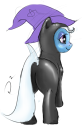 Size: 589x900 | Tagged: safe, artist:doppelgangsta, character:trixie, species:pony, butt, female, latex, latex suit, mare, missing horn, plot, rear view, simple background, solo, white background