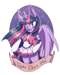 Size: 901x1115 | Tagged: safe, artist:churobu, character:twilight sparkle, character:twilight sparkle (alicorn), species:alicorn, species:anthro, female, feminist ponies, fight like a girl, mouthpiece, old banner, positive ponies, sailor moon, solo, subversive kawaii