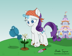 Size: 900x706 | Tagged: safe, artist:sketchinetch, character:rarity, species:pony, species:unicorn, bandana, carousel boutique, female, flower, gardening, glowing horn, horn, magic, mare, signature, smiling, solo, telekinesis, watering, watering can