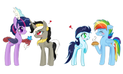 Size: 2072x1244 | Tagged: safe, artist:celinesparkle, character:discord, character:rainbow dash, character:soarin', character:twilight sparkle, character:twilight sparkle (alicorn), oc:dusk shine, oc:eris, species:alicorn, species:draconequus, species:pony, ship:discolight, ship:soarindash, draconequified, duskeris, female, flower, male, pie, ponified, princess discord, rainbow blitz, role reversal, rule 63, shipping, straight, that pony sure does love pies, twikonequus