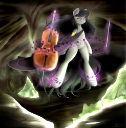Size: 3533x3586 | Tagged: safe, artist:thealmightydove, character:octavia melody, species:changeling, species:earth pony, species:pony, cave, cello, female, magical earth pony, music, musical instrument, mystic, solo