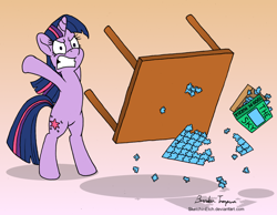 Size: 1280x991 | Tagged: safe, artist:sketchinetch, character:twilight sparkle, character:twilight sparkle (unicorn), species:pony, species:unicorn, female, gradient background, jigsaw, puzzle, rage quit, solo, table flip
