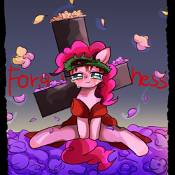 Size: 900x900 | Tagged: safe, artist:marihico, character:pinkie pie, blood, christianity, cross, crown of thorns, crucifix, crucifixion, crying, female, jesus christ, pony jesus, religious focus, religious headcanon, solo
