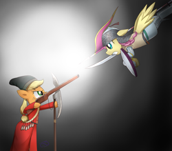 Size: 3300x2891 | Tagged: safe, artist:poisonicpen, character:applejack, character:fluttershy, armor, arquebus, axe, badass, bardiche, braid, chainmail, charge, christianity, clothing, fight, flutterbadass, gradient background, grand duchy of moscow, gun, hat, helmet, history, islam, islamashy el fatih, khanate of kazan, lance, matchlock, musket, russia, russian, shield, streltsy, sword, tatar, tatarstan, turkic, war, weapon