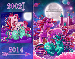 Size: 1013x800 | Tagged: safe, artist:anniemsson, character:fizzy, character:galaxy (g1), species:twinkle eyed pony, g1, cloud, cloudy, comparison, draw this again, dream castle, fireworks, moon, space, underhoof