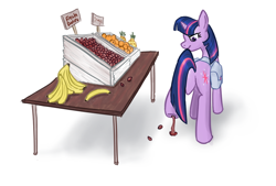 Size: 1000x677 | Tagged: safe, artist:poniker, character:twilight sparkle, character:twilight sparkle (unicorn), species:pony, species:unicorn, banana, date palm, female, food, orange, pineapple, solo, stepping on something, sticky