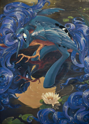 Size: 1433x2000 | Tagged: safe, artist:chio-kami, character:princess luna, acrylic painting, female, flower, on a branch, reflection, solo, traditional art, water, water rings, waterlily