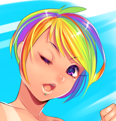 Size: 716x750 | Tagged: safe, artist:loyproject, character:rainbow dash, species:human, close-up, explicit source, female, humanized, piercing, solo, wink