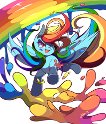 Size: 850x1000 | Tagged: safe, artist:sugaryrainbow, character:rainbow dash, flying, paint, paint on fur, rainbow, surreal
