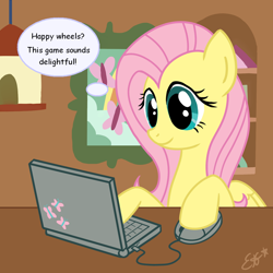 Size: 1024x1024 | Tagged: safe, artist:oemilythepenguino, edit, character:fluttershy, computer, female, fs doesn't know what she's getting into, happy wheels, solo, this will end in tears