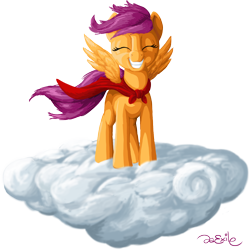 Size: 1278x1278 | Tagged: safe, artist:da-exile, character:scootaloo, species:pegasus, species:pony, newbie artist training grounds, cape, clothing, cloud, cmc cape, cute, cutealoo, eyes closed, female, filly, grin, on a cloud, signature, simple background, smiling, solo, spread wings, standing, transparent background, wind, windswept mane, wings