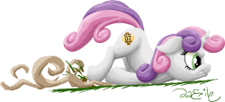 Size: 1788x813 | Tagged: safe, artist:da-exile, character:sweetie belle, species:pony, species:unicorn, newbie artist training grounds, angry, atg 2014, dust, female, filly, grass, prone, racing, scootie belle, scooting, signature, simple background, solo, transparent background, trip