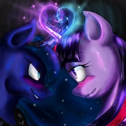 Size: 3508x3508 | Tagged: safe, artist:noideasfornicknames, character:princess luna, character:twilight sparkle, ship:twiluna, blushing, female, high res, horns are touching, lesbian, shipping