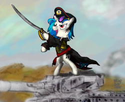 Size: 1024x839 | Tagged: safe, artist:blueboxdave, character:dj pon-3, character:vinyl scratch, clothing, commissar, crossover, drive me closer, imperial guard, leman russ, leman russ vanquisher, power sword, sword, tank (vehicle), warhammer (game), warhammer 40k