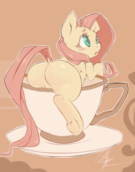 Size: 1080x1376 | Tagged: safe, artist:chingilin, character:fluttershy, species:pegasus, species:pony, blank flank, butt, cup, cup of pony, cute, dock, featureless crotch, female, fluffy, flutterbutt, from behind, mare, missing cutie mark, plot, raised tail, sepia, shyabetes, solo, teacup, underhoof