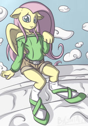 Size: 696x1000 | Tagged: safe, artist:countaile, character:fluttershy, species:anthro, bedroom eyes, breasts, clothing, delicious flat chest, female, flattershy, shorts, shoulderless, sitting, socks, solo, sweater, sweatershy