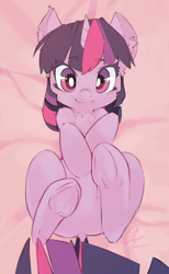 Size: 1324x2143 | Tagged: safe, artist:chingilin, character:twilight sparkle, character:twilight sparkle (unicorn), species:pony, species:unicorn, bed, belly fluff, blushing, cheek fluff, chest fluff, cute, dawwww, dock, ear fluff, eyebrows, eyebrows visible through hair, featureless crotch, female, fluffy, hnnng, leg fluff, legs in air, looking at you, mare, on back, perspective, shoulder fluff, signature, smiling, solo, twiabetes, underhoof, weapons-grade cute