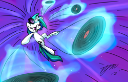 Size: 3911x2500 | Tagged: safe, artist:loosepopcorn, character:dj pon-3, character:vinyl scratch, species:pony, species:unicorn, colored pupils, cutie mark, female, fight, glowing horn, gritted teeth, high res, hooves, horn, levitation, magic, mare, record, signature, smiling, solo, sunglasses, teeth, telekinesis, weapon