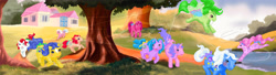 Size: 4683x1280 | Tagged: safe, artist:z1ar0, character:bubbles (g1), character:buttons (g1), character:cherries jubilee, character:galaxy (g1), character:night glider (g1), g1, my little pony 'n friends, bow, bright night, cool breeze, night glider (g1), opening theme, paradise estate, princess sparkle, scene interpretation, scenery, skyflier, sweet lily, tail bow, watermark, windy wing ponies, winger pony