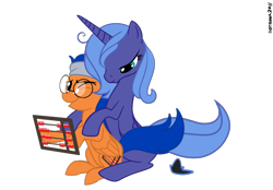 Size: 1061x739 | Tagged: dead source, safe, artist:dotrook, character:princess luna, oc, oc:abacus, abacus, canon x oc, glasses, s1 luna, simple background