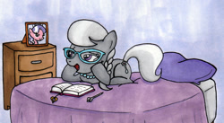 Size: 1665x912 | Tagged: safe, artist:thedarklordkeisha, character:diamond tiara, character:silver spoon, ship:silvertiara, bed, bedroom eyes, diary, female, glasses, lesbian, open mouth, prone, shipping, smiling, solo, traditional art