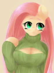 Size: 760x1024 | Tagged: safe, artist:dobado, character:fluttershy, species:anthro, breasts, busty fluttershy, clothing, female, keyhole turtleneck, open-chest sweater, solo, sweater, sweatershy, turtleneck