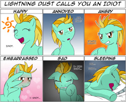 Size: 1151x933 | Tagged: safe, artist:adenyne, character:lightning dust, species:pegasus, species:pony, :o, angry, annoyed, blushing, crying, cute, drool, embarrassed, expressions, eyes closed, female, floppy ears, glare, gritted teeth, happy, heart, idiot, looking at you, meme, open mouth, sad, sleeping, smiling, solo, tsundere, wavy mouth, wing hands, zzz