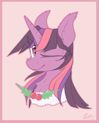 Size: 629x782 | Tagged: safe, artist:snowsky-s, character:twilight sparkle, cheek fluff, chest fluff, cute, ear fluff, eye clipping through hair, female, portrait, signature, solo, twiabetes, wink