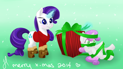 Size: 1024x575 | Tagged: dead source, safe, artist:zombies8mywaffle, character:rarity, character:sweetie belle, boots, clothing, magic, present, ribbon, sisters, stuck, sweater, sweetie fail, tangled up