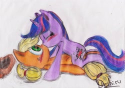 Size: 3238x2276 | Tagged: safe, artist:deihiru, character:applejack, character:twilight sparkle, species:earth pony, species:pony, species:unicorn, ship:twijack, blushing, female, high res, kissing, lesbian, mare, on back, shipping, traditional art