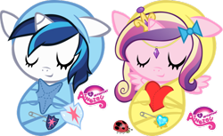 Size: 800x490 | Tagged: safe, artist:atnezau, character:princess cadance, character:shining armor, species:pony, baby, baby blanket, baby pony, babying armor, blanket, bow, cute, dawwww, foal, hair bow, heart, ladybug, newborn, newborn babies, pin, plushie, ribbon, safety pin, simple background, stars, swaddled, swaddled babies, transparent background, vector, wrapped snugly, younger
