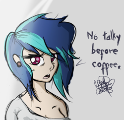 Size: 600x581 | Tagged: safe, artist:newbluud, character:dj pon-3, character:vinyl scratch, species:human, annoyed, bust, clothing, dialogue, female, hangover, humanized, looking at you, off shoulder, open mouth, sleepy, solo, tired