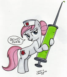 Size: 1489x1710 | Tagged: safe, artist:thedarklordkeisha, character:nurse redheart, species:pony, bedroom eyes, bend over, bipedal, female, giant syringe, grin, hoof hold, looking at you, nope, run, simple background, smiling, solo, syringe, white background