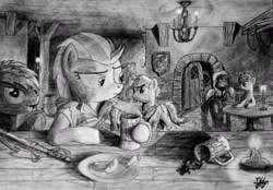 Size: 3041x2117 | Tagged: safe, artist:modecom1, character:lightning dust, medieval, monochrome, tavern, traditional art