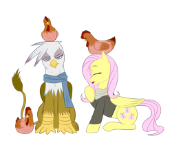 Size: 2200x2000 | Tagged: safe, artist:lordvader914, character:fluttershy, character:gilda, species:chicken, species:griffon, clothing, french hens, jacket, scarf, simple background, transparent background