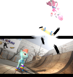 Size: 1366x1440 | Tagged: safe, artist:illu-mint, character:pinkie pie, character:rainbow dash, 3d, airborne, breaking the fourth wall, clothing, gmod, ramp, skateboard, upside down