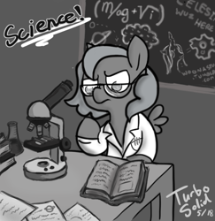Size: 644x663 | Tagged: safe, artist:turbosolid, character:princess luna, character:queen chrysalis, species:alicorn, species:pony, moonstuck, book, chalkboard, cheese, clothing, cute, egophiliac-ish, female, filly, food, frown, glare, grayscale, lab coat, mare, microscope, monochrome, muffin, planet, science, science woona, solo, style emulation, woona