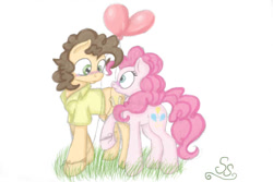 Size: 604x403 | Tagged: safe, artist:sparkingsnowflake, artist:wacky-skiff, character:cheese sandwich, character:pinkie pie, ship:cheesepie, balloon, blushing, female, male, shipping, straight
