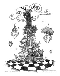 Size: 972x1224 | Tagged: safe, artist:halfsparkle, character:discord, species:draconequus, chaos, checkerboard, discord's throne, floating island, grayscale, male, monochrome, solo, throne