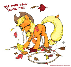 Size: 900x852 | Tagged: safe, artist:halfsparkle, character:applejack, autumn, female, leaves, plot, rope, running of the leaves, solo, wink