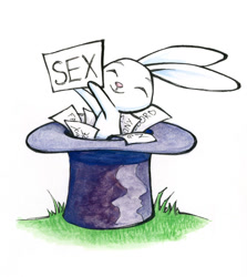 Size: 576x646 | Tagged: safe, artist:halfsparkle, character:angel bunny, species:rabbit, ask sex-positive fluttershy, clothing, eyes closed, grass, hat, male, out of context, simple background, smiling, top hat, wat, white background