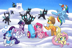 Size: 1000x675 | Tagged: safe, artist:oemilythepenguino, character:applejack, character:fluttershy, character:pinkie pie, character:queen chrysalis, character:rainbow dash, character:rarity, character:twilight sparkle, species:changeling, mane six, party cannon, snow, snowball, snowball fight, snowfall, underhoof, winter