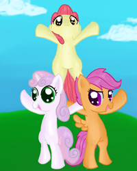 Size: 1176x1467 | Tagged: safe, artist:runbowdash, character:apple bloom, character:scootaloo, character:sweetie belle, cutie mark crusaders, pony pyramid
