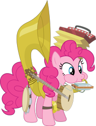 Size: 4588x6000 | Tagged: safe, artist:plsim, character:pinkie pie, absurd resolution, banjo, cymbals, female, harmonica, musical instrument, simple background, solo, sousaphone, tambourine, transparent background, tuba, vector