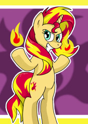 Size: 450x636 | Tagged: safe, artist:manulis, character:sunset shimmer, species:pony, species:unicorn, bipedal, female, fiery shimmer, magic, pyrokinesis, pyromancy, smirk, solo