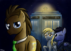 Size: 3440x2496 | Tagged: safe, artist:katrina-mae, character:derpy hooves, character:doctor whooves, character:time turner, species:earth pony, species:pegasus, species:pony, crossover, doctor who, female, jack harkness, male, mare, stallion, tardis, the doctor, torchwood, trio